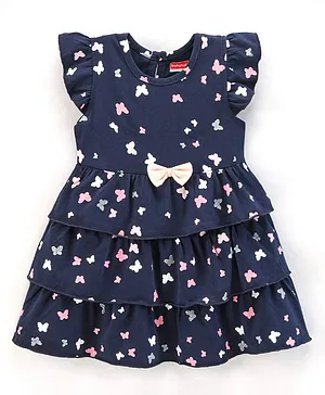 Babyhug 100% Cotton Short Sleeves Layered Frock With Frill Detailing & Bow Applique Butterfly Print- Navy Blue