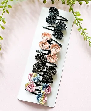 Bobbles & Scallops Set Of 8 Crochet Glitter Bow Applique Detailed Hair Clips - Multi Colour