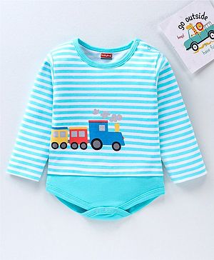 Babyhug 100% Cotton Full Sleeves Onesie Stripes & Train Print- Blue
