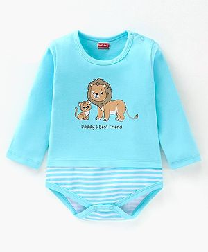Babyhug 100% Cotton Full Sleeves Onesie Stripes & Lion Print- Blue