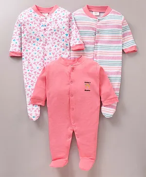 Wonderchild Pack Of 3 Star Printed & Striped Footed Sleep Suits - Pink