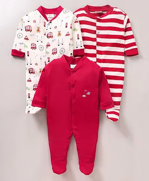 Wonderchild Pack Of 3 Vehicle & Teddy Printed & Striped Footed Sleep Suits - Red