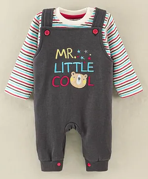 Wonderchild Full Sleeves Striped Tee With Embroidered Dungaree Style Romper - Slate Grey