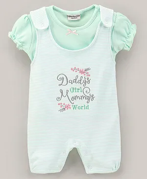 Wonderchild Half Sleeves Solid Top With Text Printed Solid Dungaree Set - Pista Green
