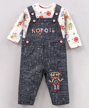 Wonderchild Full Sleeves All Over Robots Printed Tee With Seamless Designed & Robot Embroidered Dungaree - Multi Colour