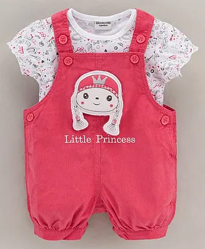 Wonderchild Short Sleeves Girly Graffiti Printed Top With Little Princess Embroidered Corduroy Dungaree - Cherry Pink
