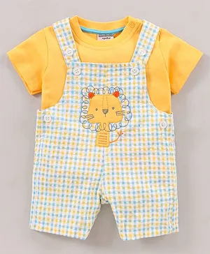 Wonderchild Half Sleeves Solid Tee With Gingham Checked & Lion placement Embroidered Dungaree - Yellow