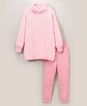 Yellow Apple Woollen Blend Full Sleeeves Winter Wear Solid Color Top and Lounge Pant Set - Pink