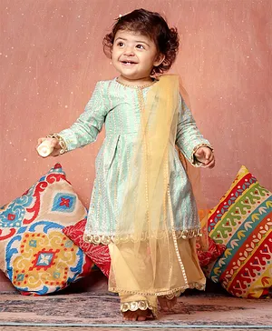 Babyoye Cotton Knit Full Sleeves Embroidery Kurti Salwar Set With Dupatta - Blue