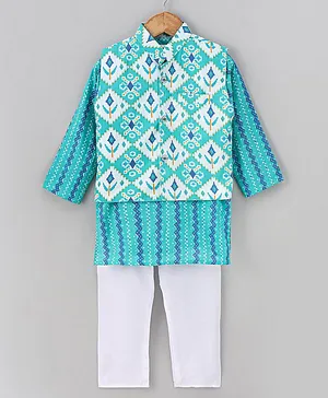 Teentaare Cotton Full Sleeves Kurta Pyjama with Waist Coat Set Printed - Blue