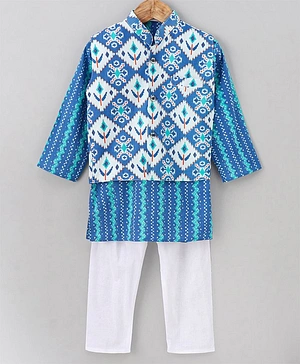 Teentaare Cotton Full Sleeves Chervon Printed Kurta & Pyjama With Floral Printed Waistcoat - Blue