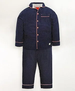 Cherry Crumble By Nitt Hyman Full Sleeves Polka Dots Printed Night Suit - Navy Blue
