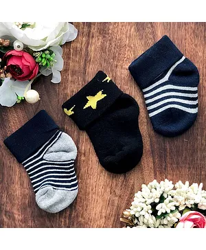 NEXT2SKIN Pair Of 3 Striped And Stars Design Cotton Socks - Grey Black Blue