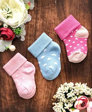 NEXT2SKIN Pair Of 3 Dots And Stars Design Cotton Socks - Pink Blue