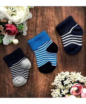 NEXT2SKIN Pair Of 3 Striped Design Cotton Socks  - Grey Melange Light Blue & Black