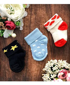 NEXT2SKIN Pack Of 3 Star & Heart Design Detailed Socks - Black Blue & Cream