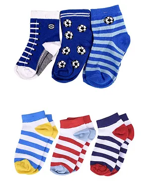 Footprints Pair of 6 Organic Cotton And Bamboo Striped And Football Design Detail Socks - Multicolor