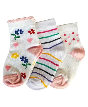 Footprints Pack Of 3 Organic Cotton And Bamboo Striped With Flower & Heart Design Detail Socks - Multicolor