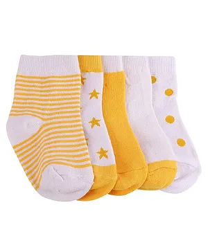 Footprints Pack Of 5 Pairs Striped Stars & Polka Dot Design Supersoft Organic Cotton and Bamboo Unisex Socks - Yellow