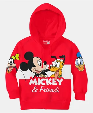 Bonkids Full Sleeves Mickey & Friends Featuring Mickey Mouse & Pluto Printed Hoodie - Red