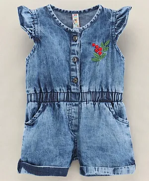 Enfance Core Flared Cap Sleeves Flower Placement Embroidered Jumpsuit With Side Pockets - Blue