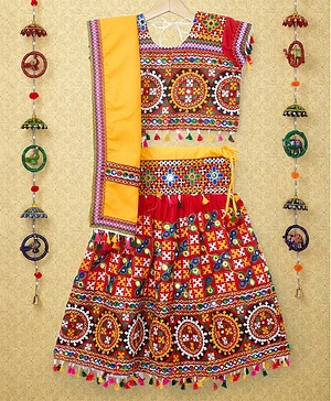 Banjara India Short Sleeves Garba & Navratri Theme Seamless Kutch Embroidered & Mirror Embellished Choli With Coordinaitng Tassel Detailed Lehenga & Dupatta - Red
