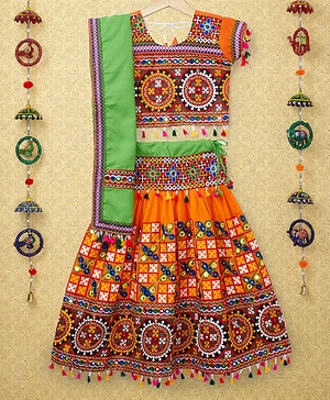 Banjara India Navratri Exclusive Sleeveless Kutchi Embroidered Choli With Lehenga And Dupatta - Orange