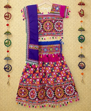 Banjara India Navratri Exclusive Sleeveless Kutchi Embroidered Choli With Lehenga And Dupatta - Pink