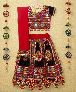 Banjara India Navratri Theme Half Sleeves Kutchi Embroidered Choli With Lehenga And Dupatta - Black