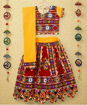 Banjara India Navratri Theme Half Sleeves Kutchi Embroidered Choli With Lehenga And Dupatta - Red
