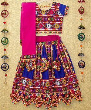 Banjara India Navratri Theme Half Sleeves Kutchi Embroidered Choli With Lehenga And Dupatta - Blue