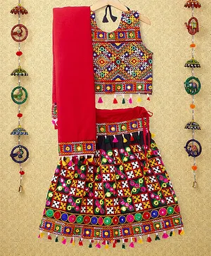 Banjara India Navratri Exclusive Sleeveless Kutchi Embroidered Choli With Lehenga And Dupatta- Red & Black