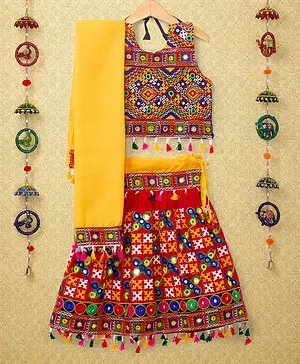 Banjara India Navratri Exclusive Sleeveless Kutchi Embroidered Choli With Lehenga And Dupatta - Red