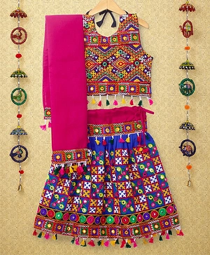 Banjara India Navratri Exclusive Sleeveless Kutchi Embroidered Choli With Lehenga And Dupatta - Blue