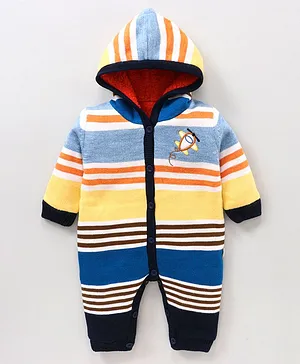 Yellow Apple Acrylic Full Sleeves Striped Winter Wear Hooded Romper with Aircraft Embroidery - Multicolor