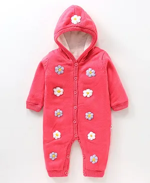 Yellow Apple Acrylic Full Sleeves Winter Wear Hooded Romper with Woven Floral Design - Pink