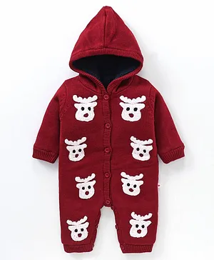 Yellow Apple Acrylic Full Sleeves Winter Wear Hooded Romper with Woven Reindeer Design - Red