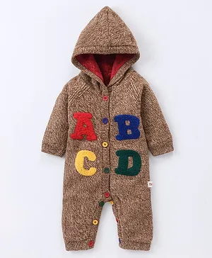 Yellow Apple Acrylic Full Sleeves Winter Wear Hooded Romper with Alphabet Embroidery - Beige