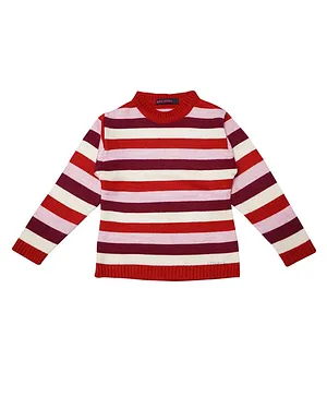 Nins Moda Full Sleeves Rugby Stiped Woolen Top - Red