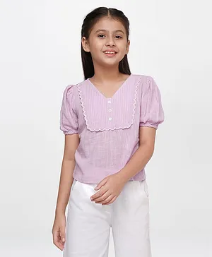 AND Girl Half Sleeves Embroidered Placket Detail Top - Purple