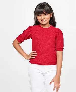 AND Girl Half Sleeves Self Design Top - Red