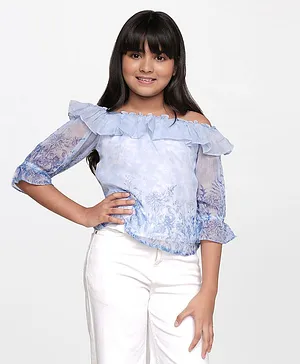 AND Girl Three Fourth Sleeves Floral Print Ruffle Detail Off Shoulder Top - Blue