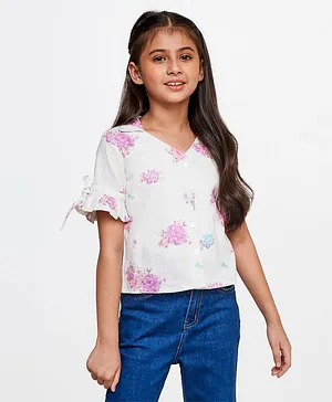 AND Girl Half Sleeves Floral Printed Top - White Pink