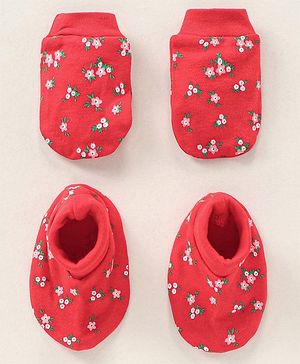 Babyhug 100% Cotton Mittens and Booties Floral Print - Red