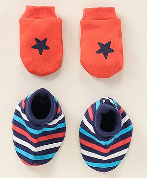 Babyhug 100% Cotton Mittens and Booties Striped - Multicolour