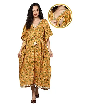 Zelena Three Fourth Sleeves All Over Seamless Floral Motif Printed Maternity & Nursing Kaftan Dress - Mustard Yellow
