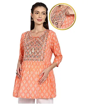 Zelena Three Fourth Sleeves All Over Motif Printed Embroidered Yoke Maternity & Nursing Kaftan Long Top For Pre & Post Pregnancy - Peach