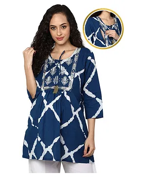 Zelena Three Fourth Sleeves Leaf Motif Placement Embroidered & Printed Frill Detialed Nursing Top - Blue