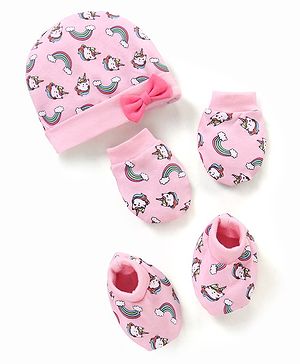 Babyhug 100% Cotton Cap Mittens & Booties Unicorn Print Pink- Diameter 13 cm