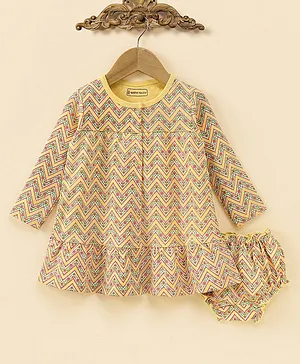 Earthy Touch Cotton Knit Full Sleeves Chevron Printed Frock With Bloomer - Yellow